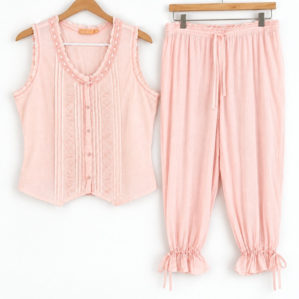 La Cera Pink Cotton Pajama Set XL Embroidered Ruffle Bloomers Cottagecore Boho - Picture 2 of 16